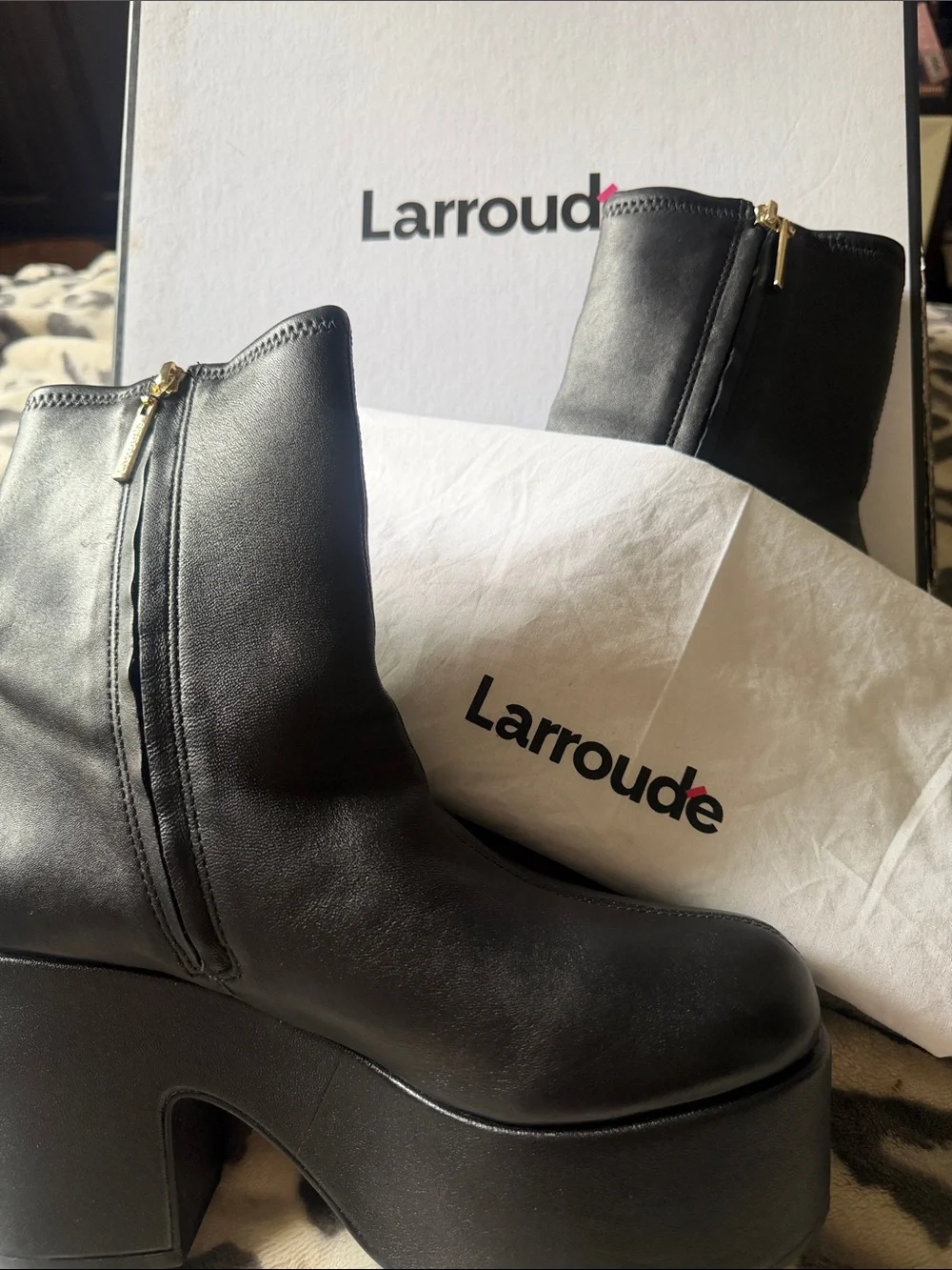 Larroudé Miso Boot Black Stretch Leather Platform Boots Size 9 NIB